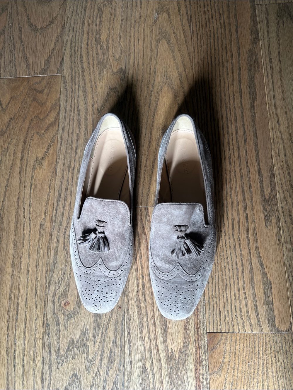 Suede Tassel Loafers in Light Gray - Women's Dress Flats. 8.5